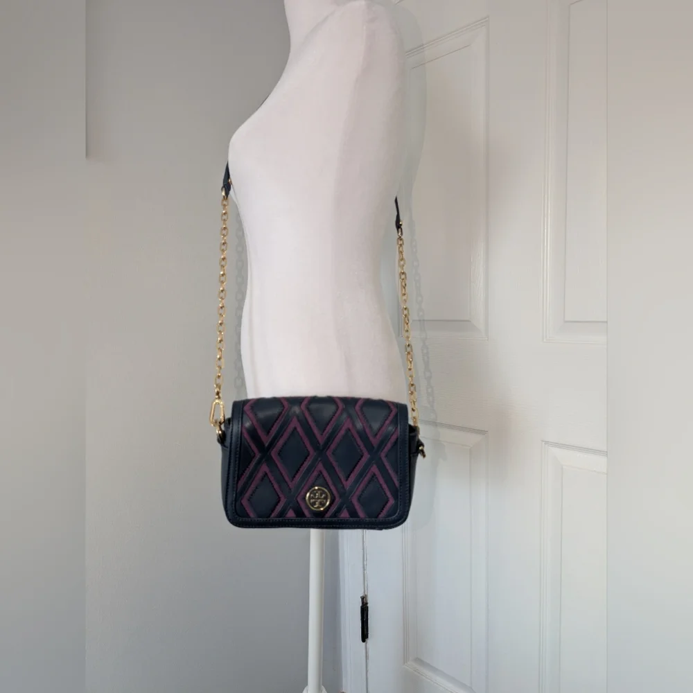 Tory Burch Blue and Purple Robinson Patchwork Chain Crossbody Bag
